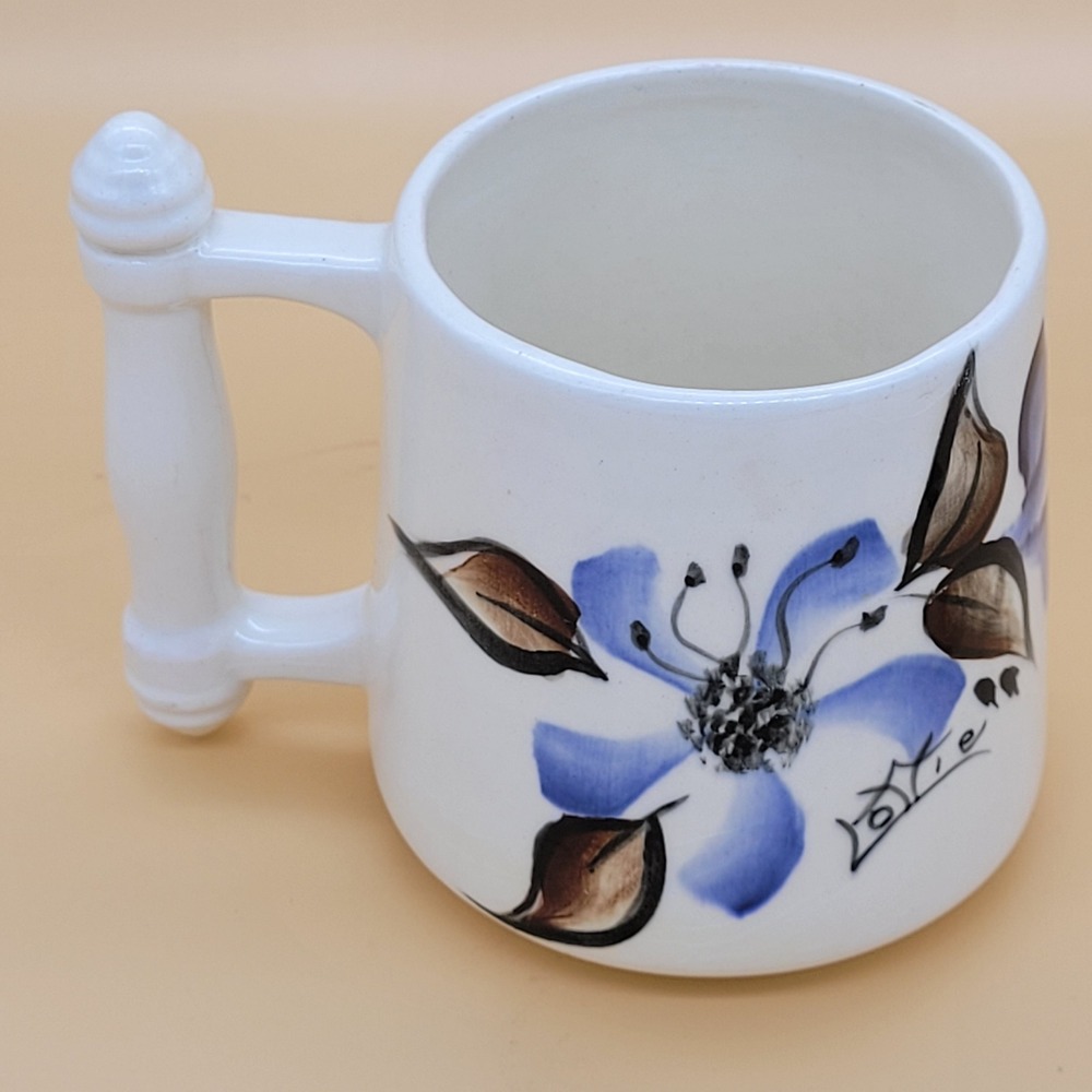 Blue Floral Artisan Hand Painted Pottery‎ Mug Ceramic 1978 Signed by Lottie